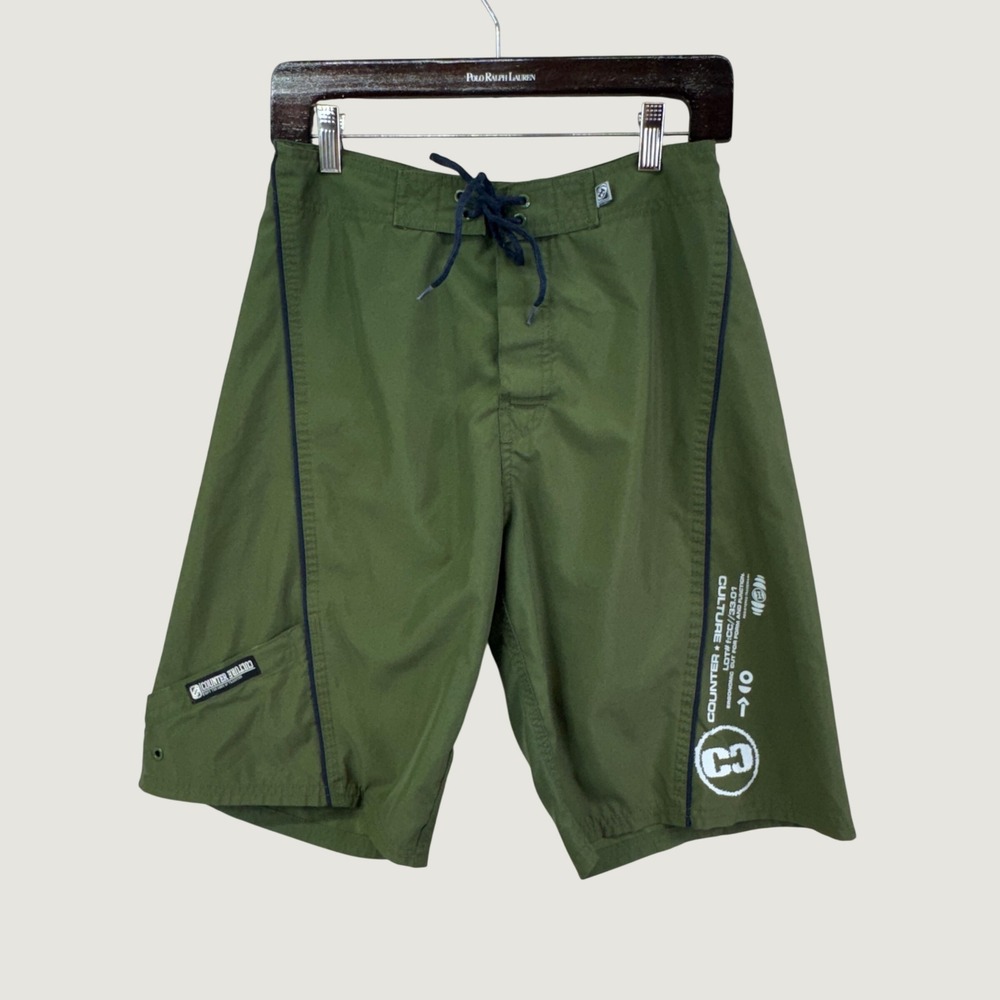 Counter Culture Board Shorts Men 28 Green Surf Skater Y2K Streetwear Swim Trunks